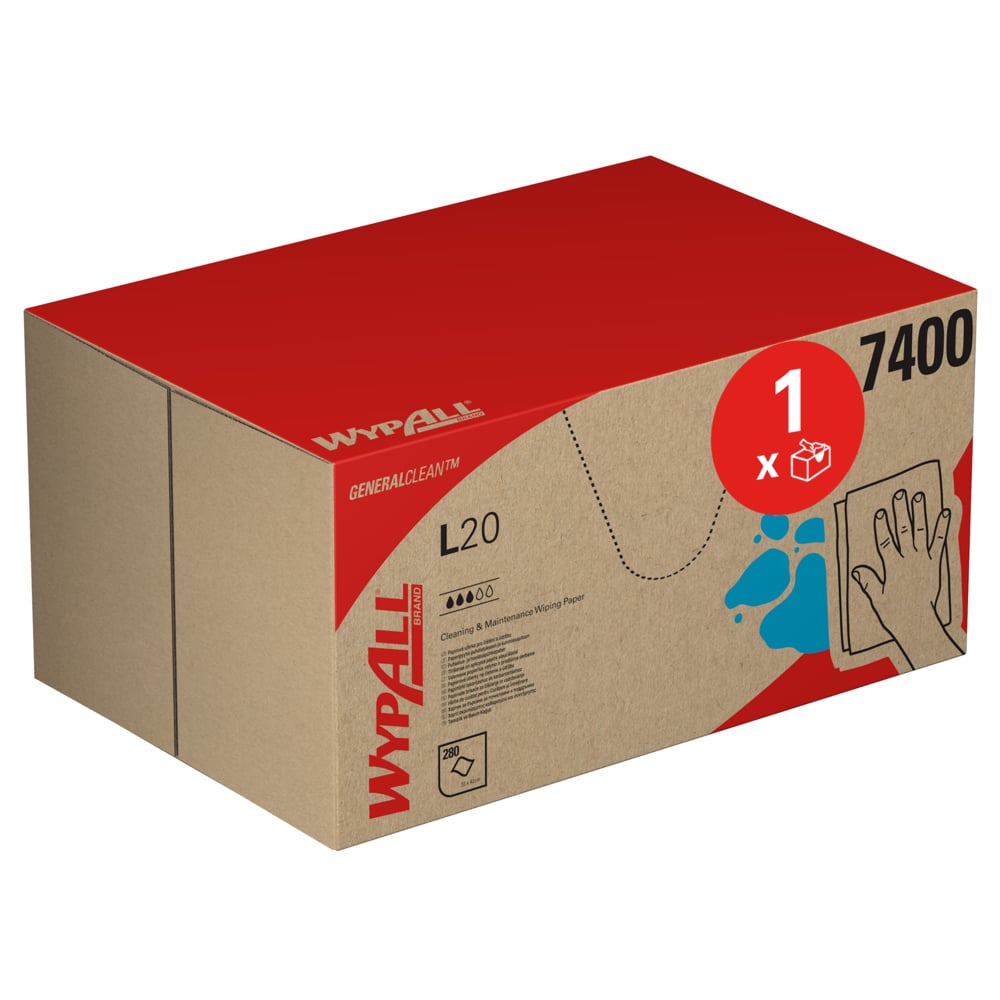Een blauwe WypAll® L20 General Clean BRAG™ Box van Kimberly-Clark GmbH met branding en symbolen toont aan dat deze 280 reinigingsdoekjes voor algemeen en industrieel gebruik bevat. Aan de rechterkant van de doos is een afbeelding van een hand te zien die een oppervlak afveegt.