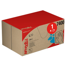 Een blauwe WypAll® L20 General Clean BRAG™ Box van Kimberly-Clark GmbH met branding en symbolen toont aan dat deze 280 reinigingsdoekjes voor algemeen en industrieel gebruik bevat. Aan de rechterkant van de doos is een afbeelding van een hand te zien die een oppervlak afveegt.