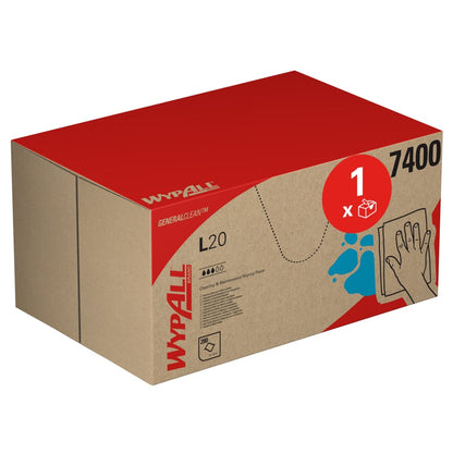 Een blauwe WypAll® L20 General Clean BRAG™ Box van Kimberly-Clark GmbH met branding en symbolen toont aan dat deze 280 reinigingsdoekjes voor algemeen en industrieel gebruik bevat. Aan de rechterkant van de doos is een afbeelding van een hand te zien die een oppervlak afveegt.