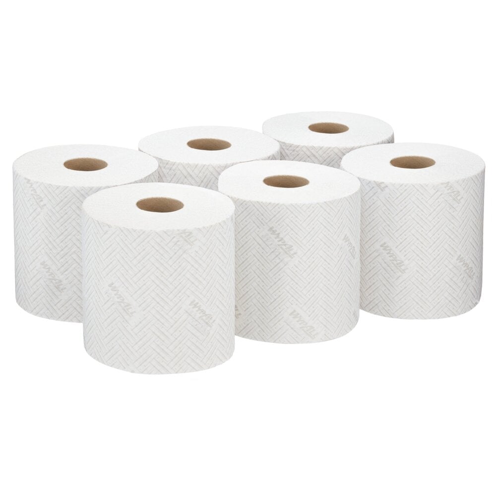 Zes witte WypAll® L20 papierdoekrollen van Kimberly-Clark GmbH (38×18,3 cm) zijn in twee rijen gerangschikt - perfect voor de centrale afname en geschikt voor industriële reinigingstaken.