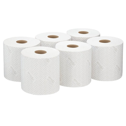 Zes witte WypAll® L20 papierdoekrollen van Kimberly-Clark GmbH (38×18,3 cm) zijn in twee rijen gerangschikt - perfect voor de centrale afname en geschikt voor industriële reinigingstaken.
