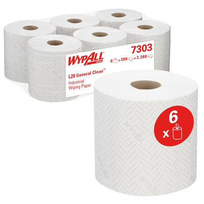Afgebeeld zijn zes witte rollen WypAll® L20 papierdoek voor industriële reinigingstaken (38 x 18,3 cm, centrale afname) van Kimberly-Clark GmbH met een rood etiket met de tekst "6 x" en het artikelnummer 7303 voor eenvoudige identificatie.