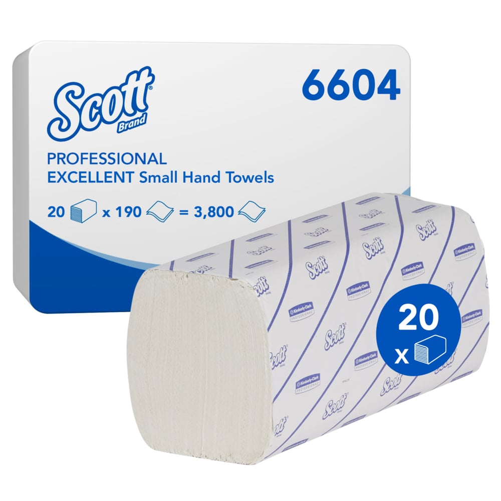 Een doos Scott® EXCELLENT handdoeken - Interfold/Wit/Klein van Kimberly-Clark GmbH bevat 20 verpakkingen met elk 190 vellen (Art.-Nr. 6604), ideaal voor hygiënisch handdrogen. Op de omdoos zijn de productgegevens overzichtelijk weergegeven.