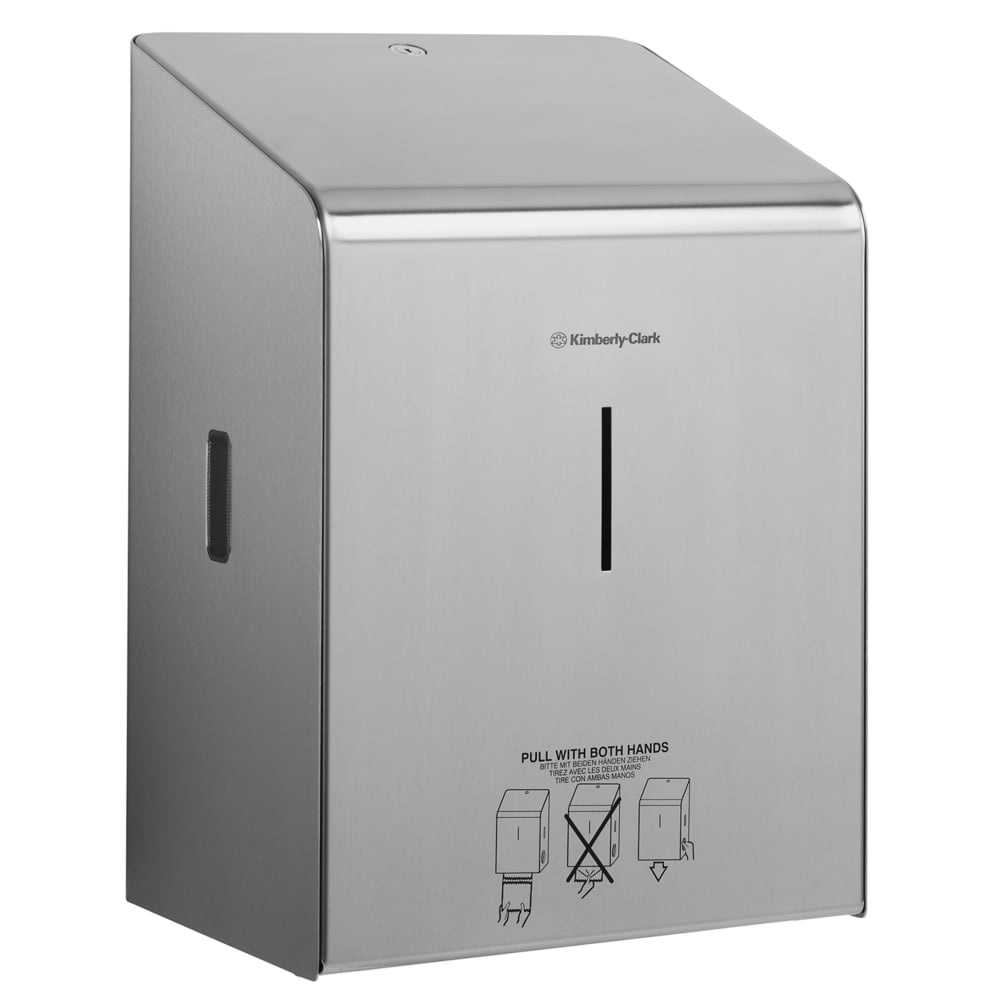 De Kimberly-Clark Professional™ rollenhanddoekdispenser roestvrij staal van Kimberly-Clark GmbH is een wandgemonteerde dispenser van roestvrij staal met een centrale, verticale gleuf en didactische afbeeldingen op de onderste voorplaat.