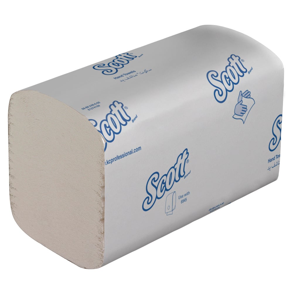 Een rechthoekige stapel Scott® Control™ gevouwen handdoeken in witte verpakking van Kimberly-Clark GmbH, geëtiketteerd voor gebruik bij het handen drogen, 15 x 240 vellen per doos.