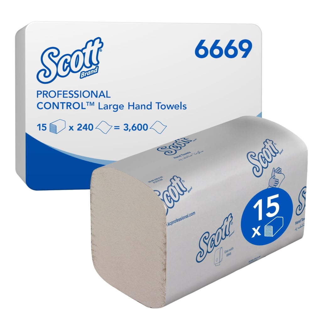 Een karton Scott® Control™ handdoeken (wit, groot) van Kimberly-Clark GmbH, productnr. 6669, bevat 15 pakketten met elk 240 absorberende gevouwen handdoeken - in totaal 3.600 vellen - met een onuitgepakte stapel ernaast.