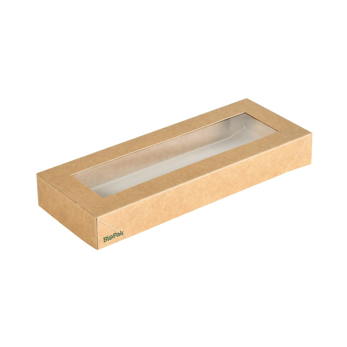 De Viking Slim Brick Deksel met PLA-venster van Duni GmbH is een rechthoekige bruine karton/PLA doos (225x85x30 mm) met een transparant PLA-venster op het deksel en een klein "BioPak" logo in een hoek. Verpakking: 300 stuks.
