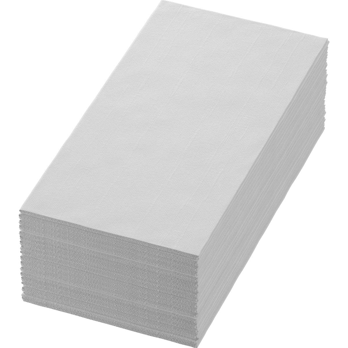 Een stapel witte servetten 40x40 cm, 2-laags van Duni GmbH (verpakking met 300 stuks) ligt voor een eenvoudige witte achtergrond.