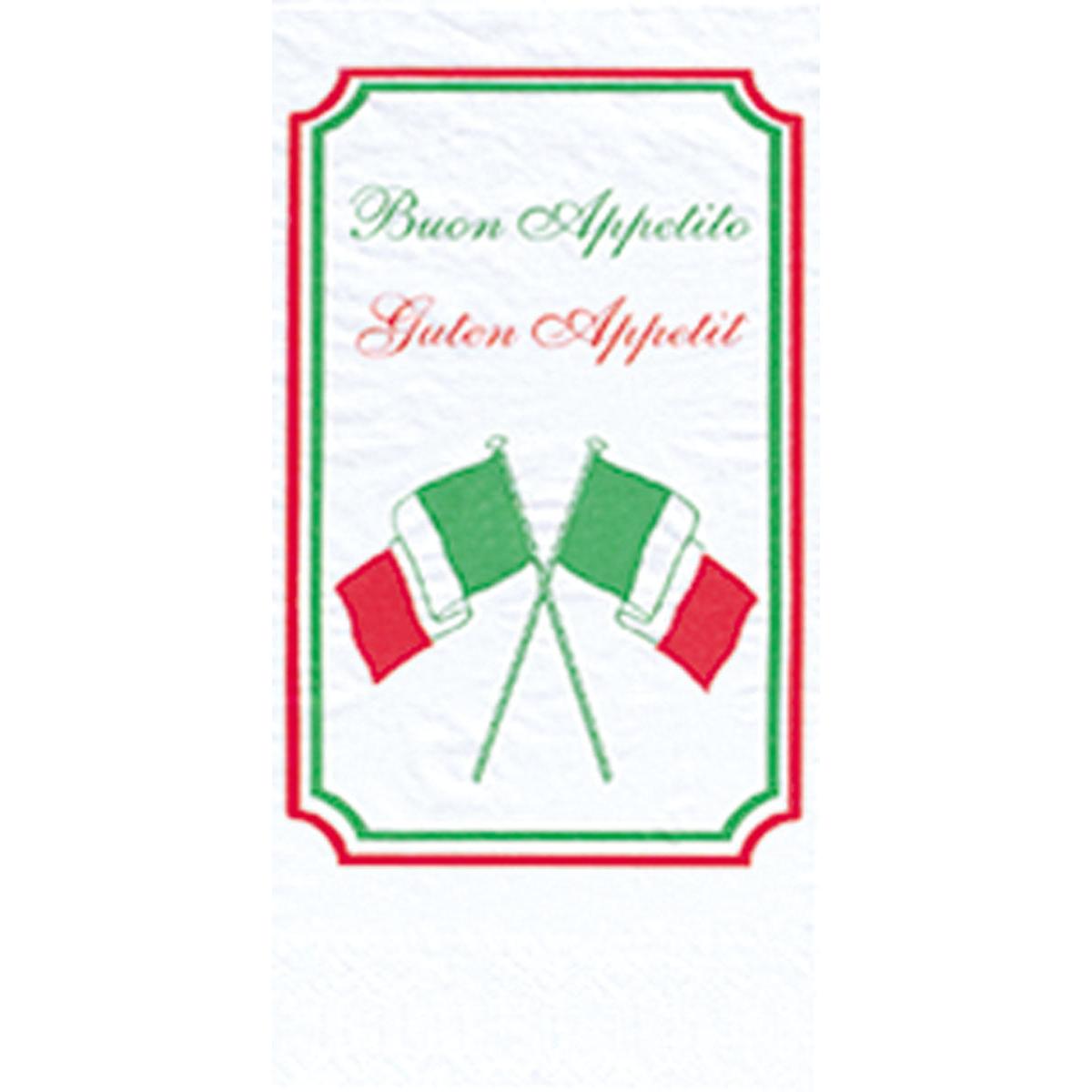 Der Duni GmbH Zellteller 40x40 mm, 2-lagig - Buon Appetito Design zeigt zwei gekreuzte italienische Flaggen und "Buon Appetito" (grün) mit "Guten Appetit" (rot), alles umrahmt von einem grün-roten Rand. Packung: 300 Servietten.