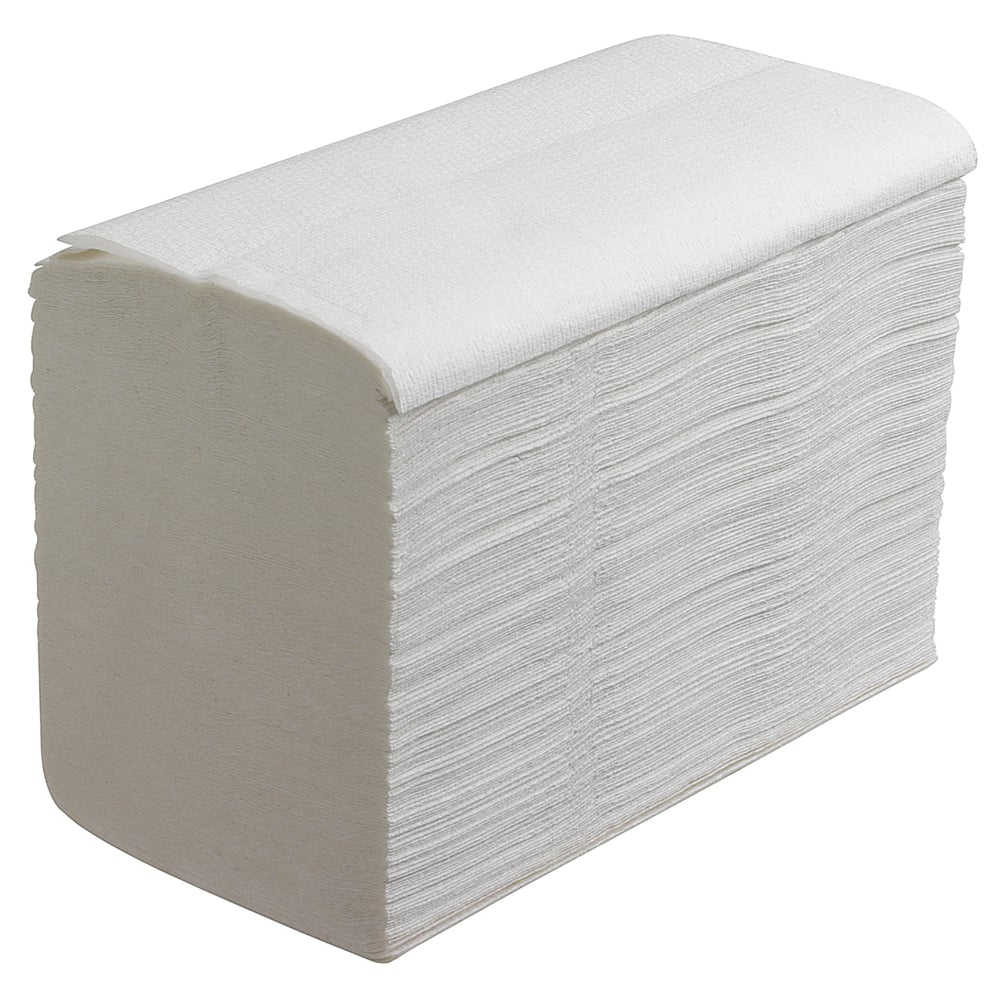 Een grote stapel Scott® Control™ handdoeken (wit, groot, 15 clips x 240 vellen) van Kimberly-Clark GmbH is rechthoekig gerangschikt en toont de uitstekende absorptievermogen van deze gevouwen handdoeken.