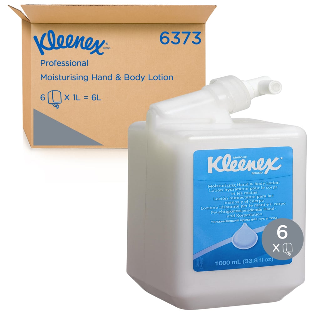Een 1-liter Kleenex® vochtinbrengende hand- en lichaamslotion (van Kimberly-Clark GmbH) wordt getoond voor een doos met het opschrift "6 cartridges" - een doos die zes 1-liter lotioncassettes voor professionele verzorging bevat.