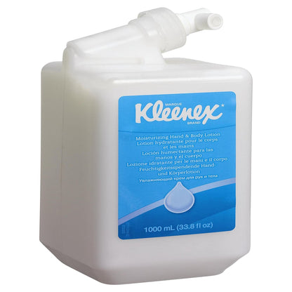 Een witte 1-L-cassette Kleenex® vochtinbrengende hand- en lichaamslotion van Kimberly-Clark GmbH, ideaal voor hand- en lichaamsverzorging; in een verpakking met 6 cassettes per doos.