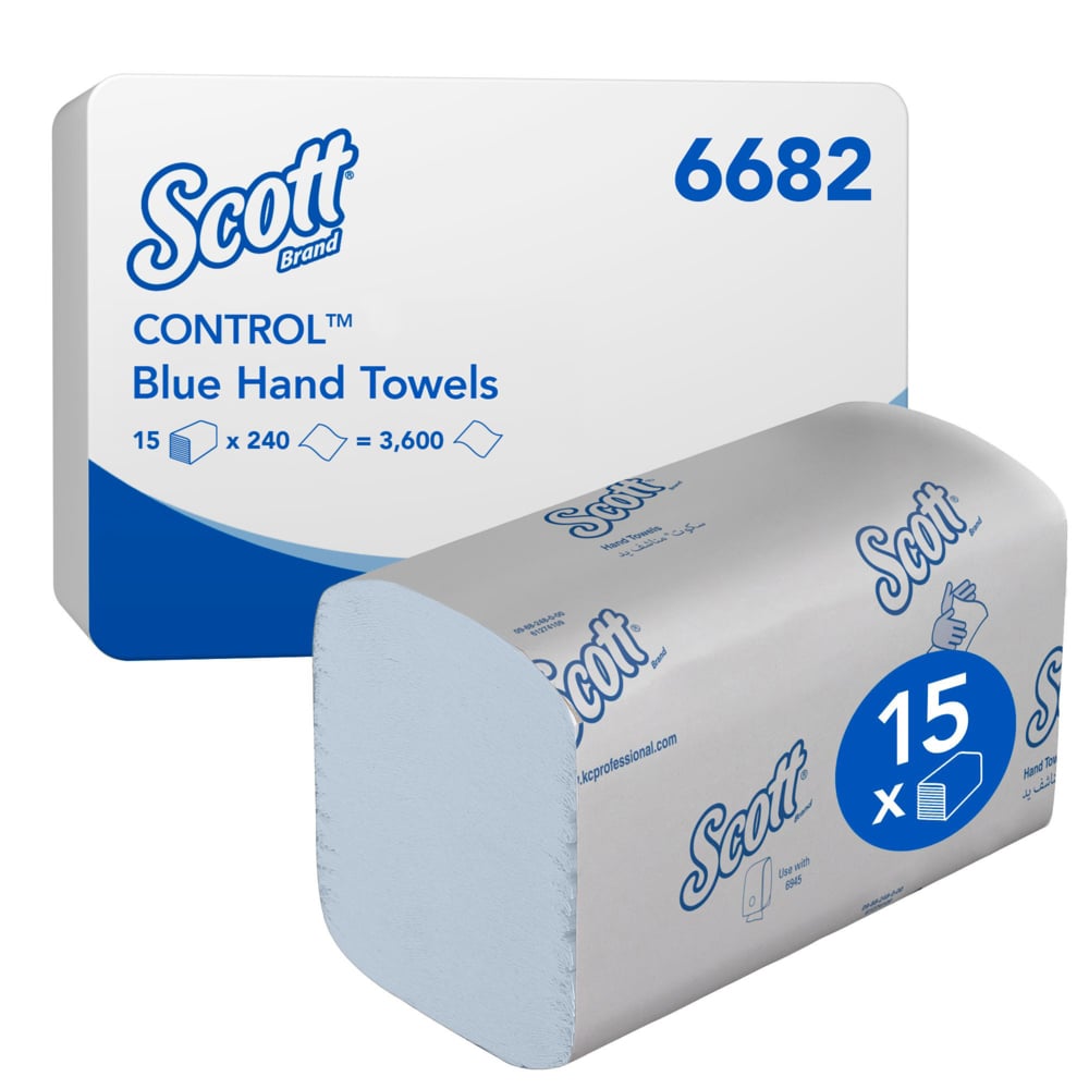 Een doos Scott® Control™ Interfold blauwe handdoeken van Kimberly-Clark bevat 15 verpakkingen met elk 240 vellen (Art.-Nr. 6682), in totaal 3.600 hygiënische papieren handdoeken per doos.