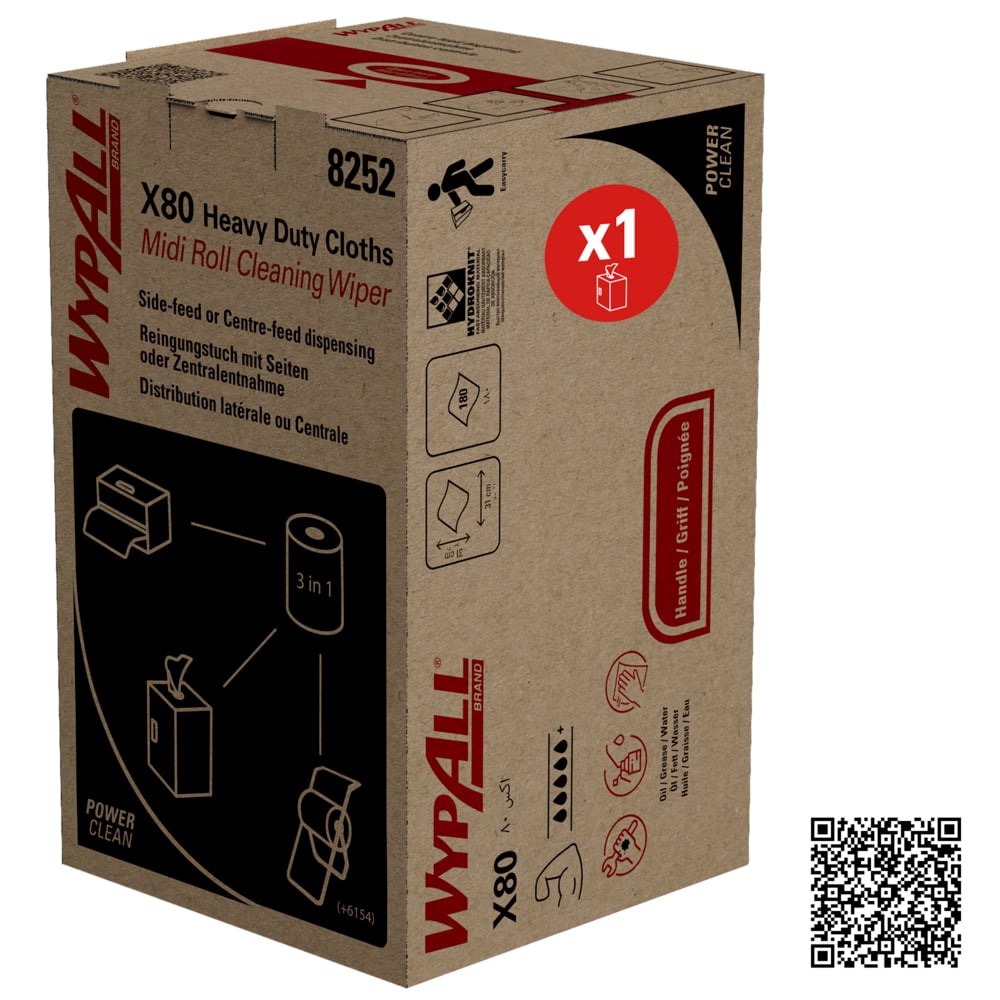 Die WypAll® X80 PowerClean Midi Roll, White (1 Karton x 180 Blatt) von Kimberly-Clark GmbH wird in einem Karton mit Produktabbildungen, Dosierungsanweisungen, einem "x1"-Einheitssymbol und einem QR-Code geliefert - ideal für den industriellen Reinigungsbedarf.