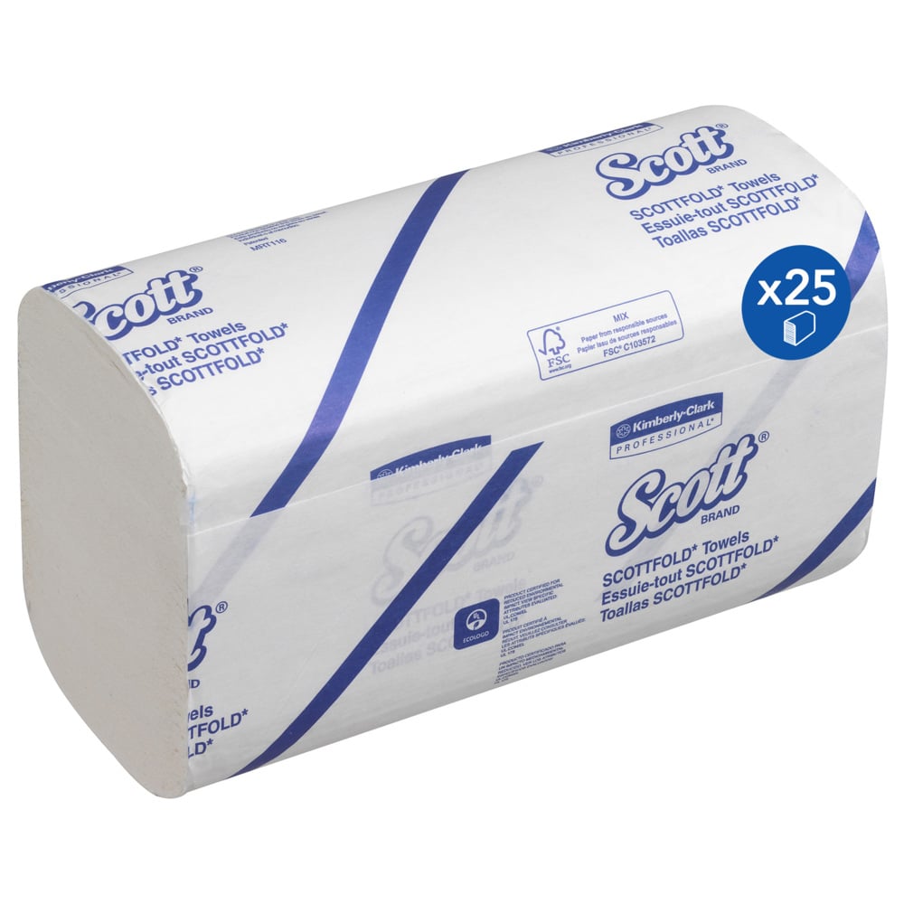Een karton met Kimberly-Clark Scott® SCOTTFOLD* handdoeken, wit, middel, bevat 25 pakjes van 175 vellen; ideaal voor efficiënte handdroging. Verpakking in wit/blauw met productinformatie in het Engels en Spaans.