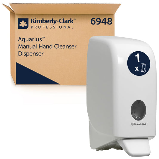 Ein Kimberly-Clark GmbH Aquarius™ Spender für Waschlotionen, Weiß, 1 Ltr, ist vor seiner braunen Schachtel mit der Aufschrift 6948 ausgestellt. Der hygienische Spender verfügt über einen runden Indikator auf der Vorderseite.