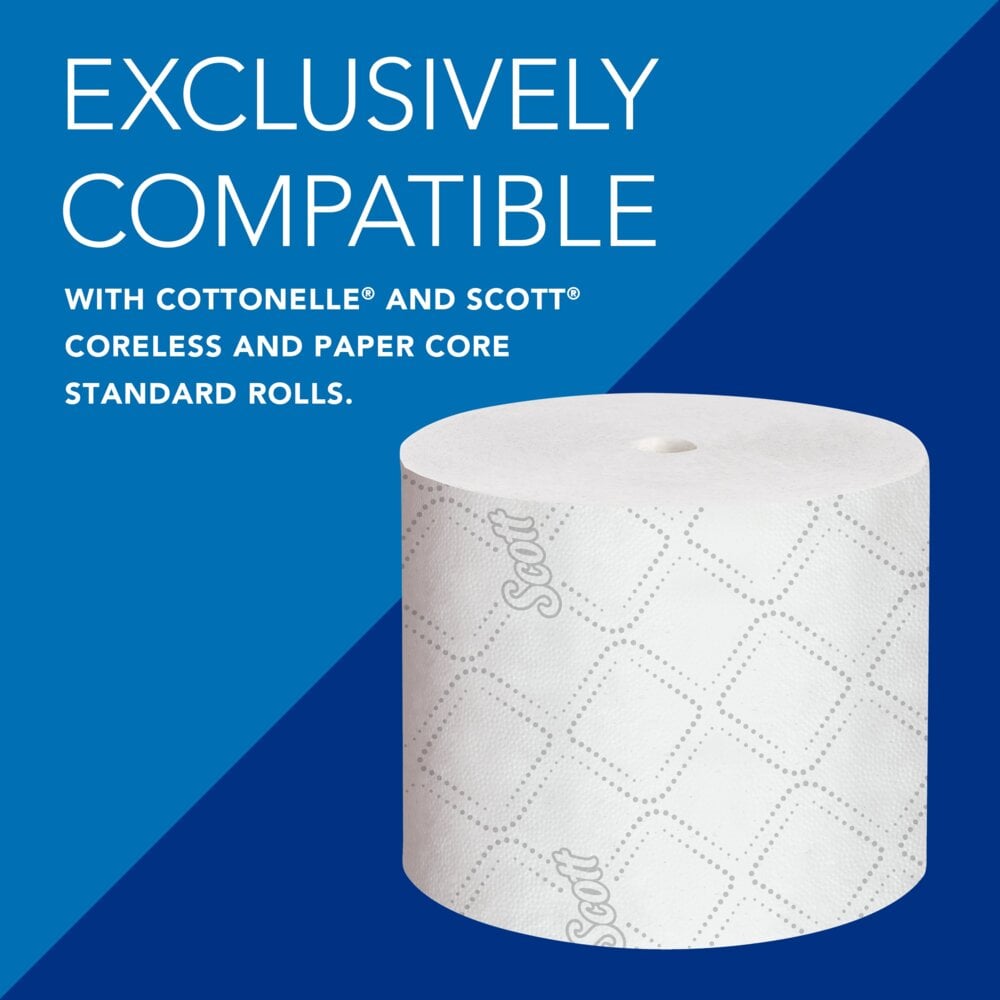 Een Kimberly-Clark Professional™ dispenser voor kernloos toiletpapier (wit) van Kimberly-Clark GmbH is afgebeeld tegen een blauwe achtergrond, die zijn exclusieve compatibiliteit met kernloos toiletpapier benadrukt - een innovatieve, duurzame oplossing.