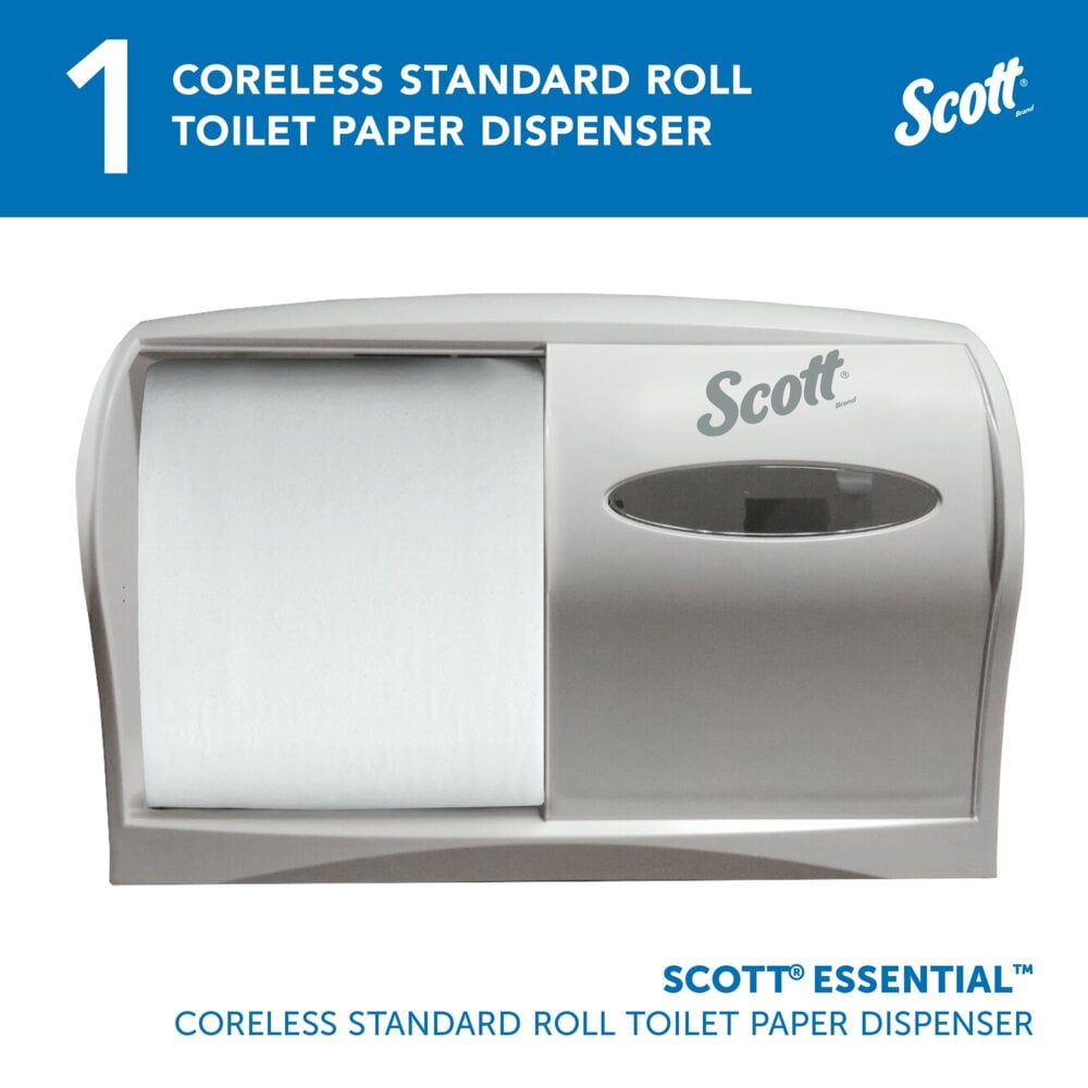 De Kimberly-Clark Professional™ Toilet Tissue Dispenser - Coreless in wit van Kimberly-Clark GmbH is een wandgemonteerde, duurzame dispenser met kijkvenster en branding - ideaal voor moderne toiletruimtes.