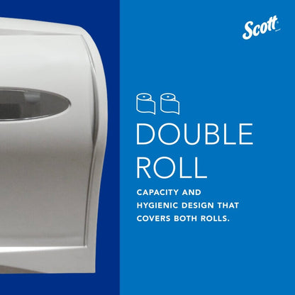 Links is een witte Kimberly-Clark Professional™ toiletpapierdispenser - kernloos afgebeeld. De blauwe tekst luidt: "DUBBELE ROLLEN. Capaciteit en hygiënisch ontwerp dat beide rollen bedekt." Logo van Kimberly-Clark GmbH rechtsboven - een duurzame keuze voor drukbezochte toiletten.