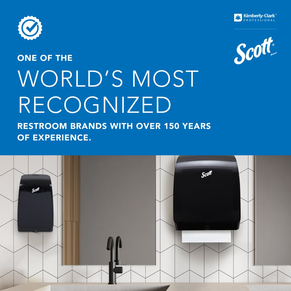 Een toilet met een Scott papieren handdoekdispenser, een Kimberly-Clark Professional™ Coreless Toilet Tissue Dispenser (wit) en een Scott zeepdispenser boven de wastafel. Het bovenste gedeelte benadrukt 150 jaar ervaring en duurzaamheid van Scott.