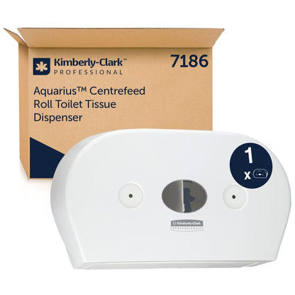 Een witte Aquarius™ toiletpapierdispenser - centrale afname / Jumbo van Kimberly-Clark GmbH wordt gepresenteerd voor zijn bruine merkverpakking - ideaal voor drukbezochte toiletruimtes die Jumbo-rollen gebruiken.