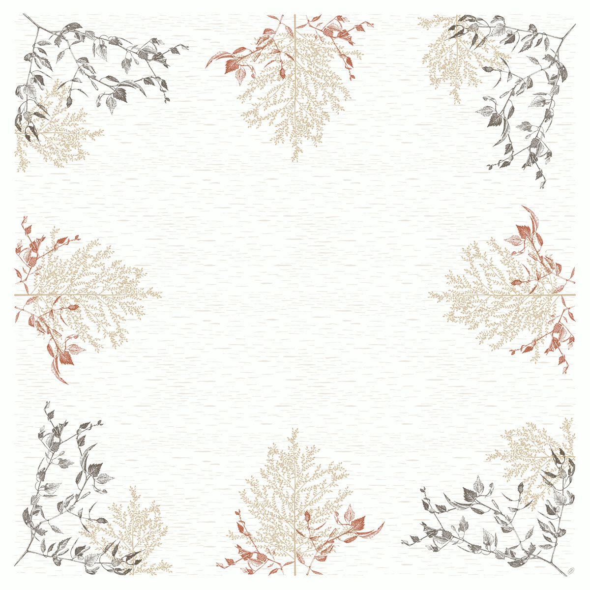 Eine quadratische Bordüre mit botanischen Motiven in Beige, Rot und Grau auf einem hellen, strukturierten Hintergrund, inspiriert von der Bio-Dunicel Mitteldecke 84x84 cm - Holz & Natur der Duni GmbH. Der mittlere Bereich ist leer - ideal für umweltfreundliche Holzprodukte.