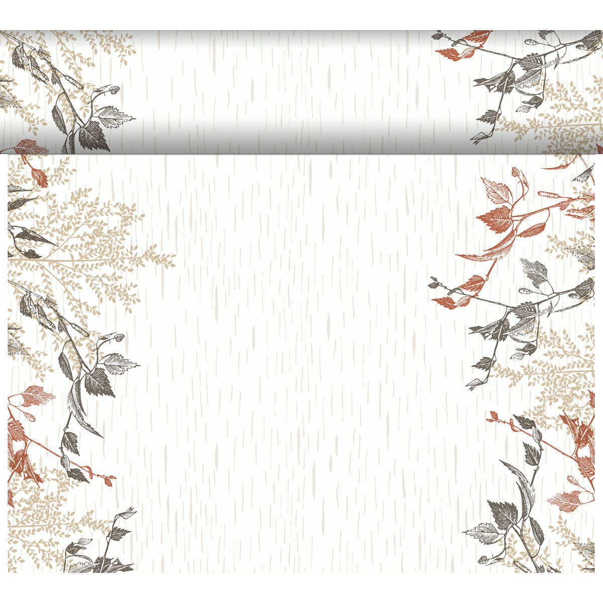 Das Bio-DC Tete a Tete (0.4x24m) von Duni GmbH hat einen beigen Hintergrund, dünne vertikale Linien und braune, beige und schwarze botanische Kunst auf der Oberseite und an den Seiten - ideal für Naturholz Dekoration. Inklusive passender horizontaler Umrandung am oberen Rand.