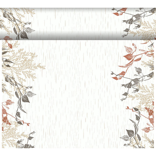 Het Bio-DC Tete a Tete (0,4x24m) van Duni GmbH heeft een beige achtergrond, dunne verticale lijnen en bruine, beige en zwarte botanische kunst aan de bovenkant en zijkanten - ideaal voor natuurlijke houtdecoratie. Inclusief bijpassende horizontale rand aan de bovenkant.