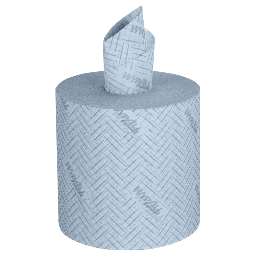 De grote blauwe WypAll® L20 General Clean Centrefeed-rol van Kimberly-Clark GmbH, 2-laags met gestructureerd patroon, heeft een vel dat gedeeltelijk uit het midden is getrokken - ideaal voor de schoonmaak. Verpakking: 6 rollen x 550 vel per doos.