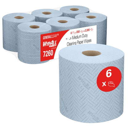 Afgebeeld zijn zes blauwe rollen WypAll® L20 General Clean Centrefeed (2-laags, 550 vel/rol) van Kimberly-Clark GmbH - vijf in een verpakking met WypAll-logo en -informatie, één rol vooraan. De doos bevat 6 rollen.