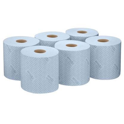 Zes blauwe WypAll® L20 General Clean Centrefeed-rollen (2-laags, elk 550 vel) van Kimberly-Clark GmbH - 6 rollen per doos - bieden een efficiënte reiniging voor elke werkplek.