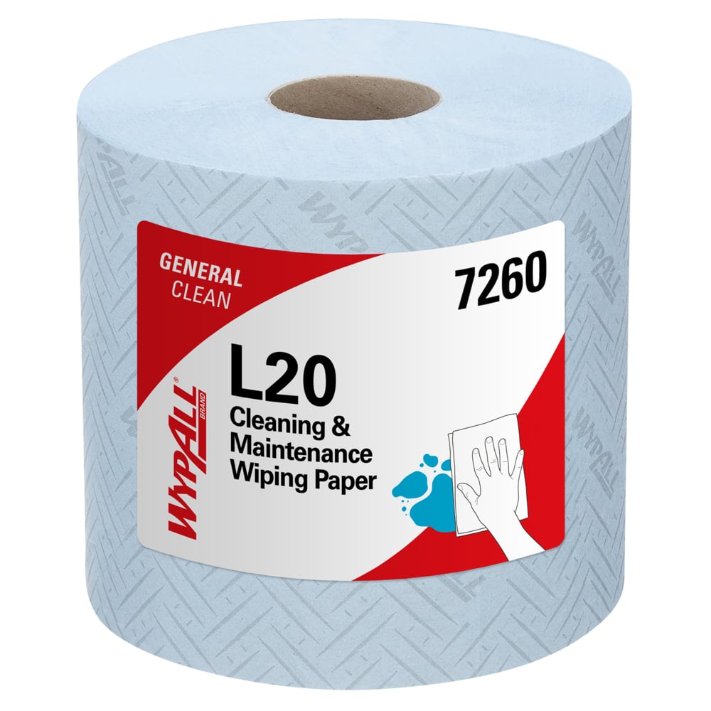 Een doos WypAll® L20 General Clean Centrefeed, 2-laags blauwe papieren handdoeken (6 rollen x 550 vel), van Kimberly-Clark GmbH, ideaal voor veelzijdige reiniging en algemene schoonmaaktaken.