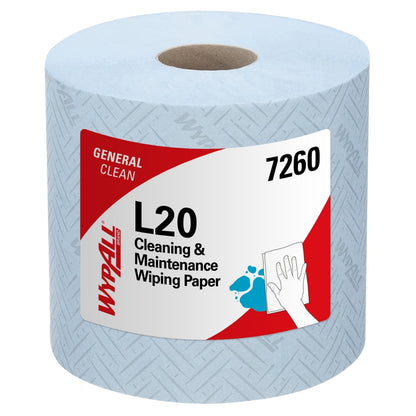 Een doos WypAll® L20 General Clean Centrefeed, 2-laags blauwe papieren handdoeken (6 rollen x 550 vel), van Kimberly-Clark GmbH, ideaal voor veelzijdige reiniging en algemene schoonmaaktaken.