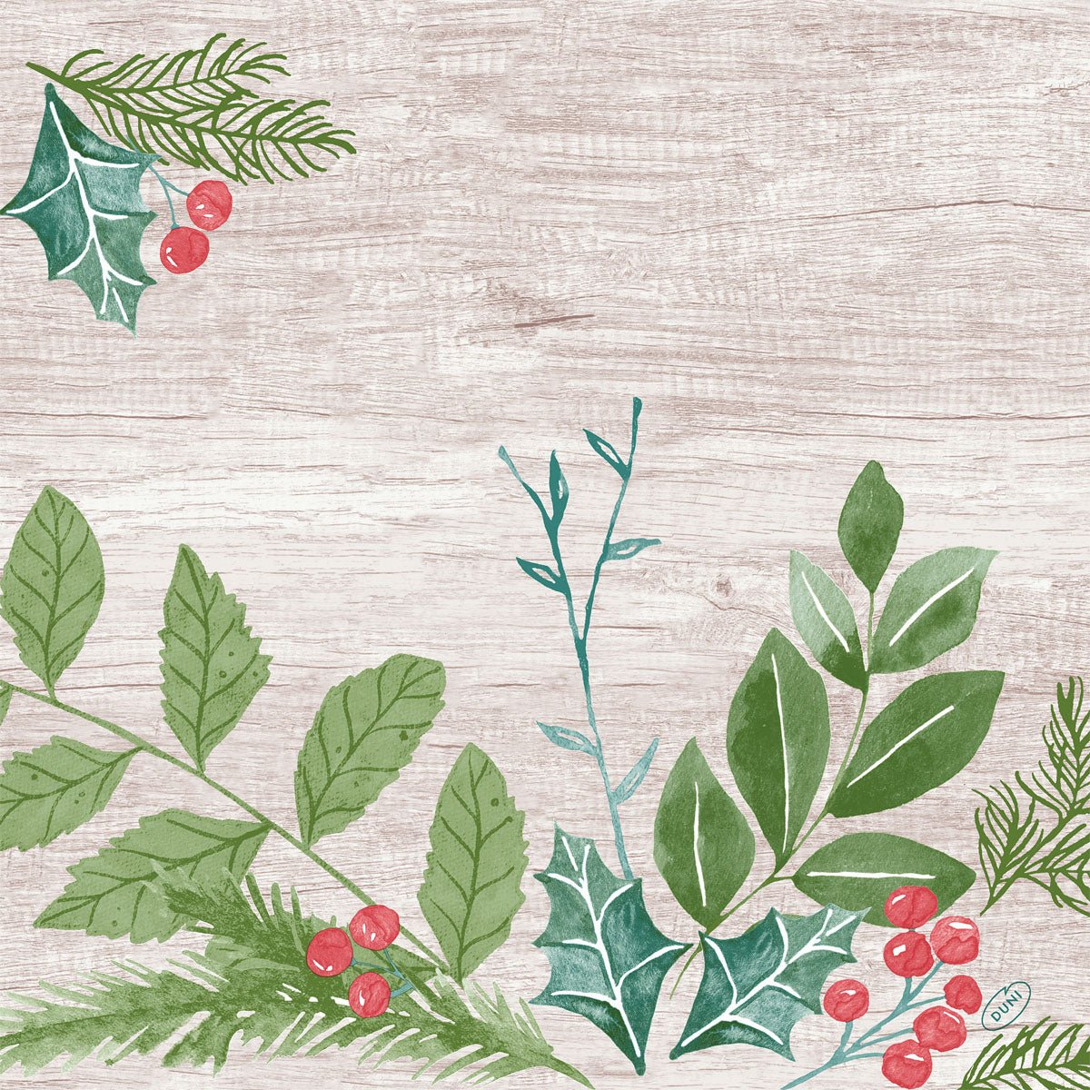 Watercolor Winter Greenery Design met groene hulst, dennenbladeren en rode bessen in de hoeken op een lichte houten achtergrond. Het midden is leeg. Ideaal voor servetten 40x40 4-laags Klassiek Winter Greenery van Duni GmbH, verpakking (50 stuks).
