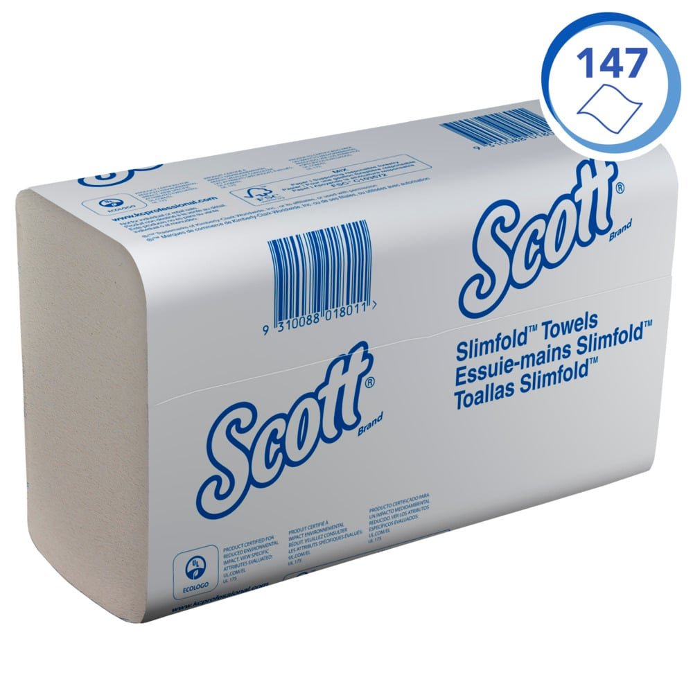 Scott® SLIMFOLD-handdoeken van Kimberly-Clark GmbH, wit, 16 clips x 110 vellen per karton, hygiënisch gevouwen en ideaal voor handen drogen - praktisch verpakt voor eenvoudig gebruik.