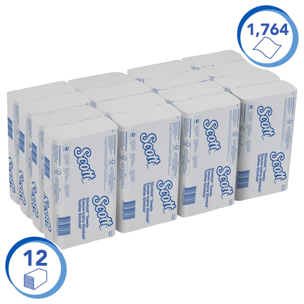 Zestien pakken Scott® SLIMFOLD-handdoeken van Kimberly-Clark GmbH, elk met 110 vellen, zijn overzichtelijk gerangschikt. De witte verpakking benadrukt 1.760 vellen en 16 pakken - ideaal voor hygiënisch handen drogen in drukbezochte gebieden.