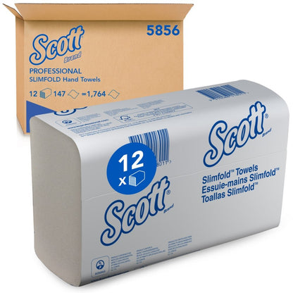 Een pak Scott® SLIMFOLD-handdoeken, gevouwen, wit, van Kimberly-Clark GmbH (16 clips x 110 vellen | karton), is afgebeeld voor een "5856" karton; de verpakking toont details in het Engels, Frans en Spaans.