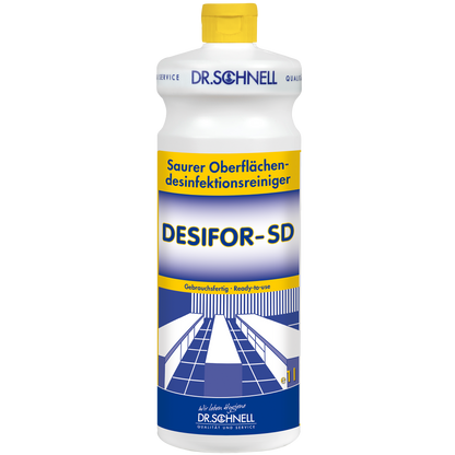 Eine Flasche der Dr. Schnell DESIFOR-SD Flächendesinfektion der DR.SCHNELL GmbH & Co. KGaA, ein Flächendesinfektionsmittel mit gelber Kappe und blau-gelbem Etikett mit Produktangaben und Tischen und Stühlen zur effektiven Flächenreinigung.