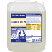 Ein 10-Liter-Kunststoffbehälter von Dr. Schnell DESIFOR-ONE V Flächendesinfektion der DR.SCHNELL GmbH & Co. KGaA, mit einem blau-gelben Etikett mit Produktinformation, Dosierungsanleitung und deutschen Sicherheitshinweisen.
