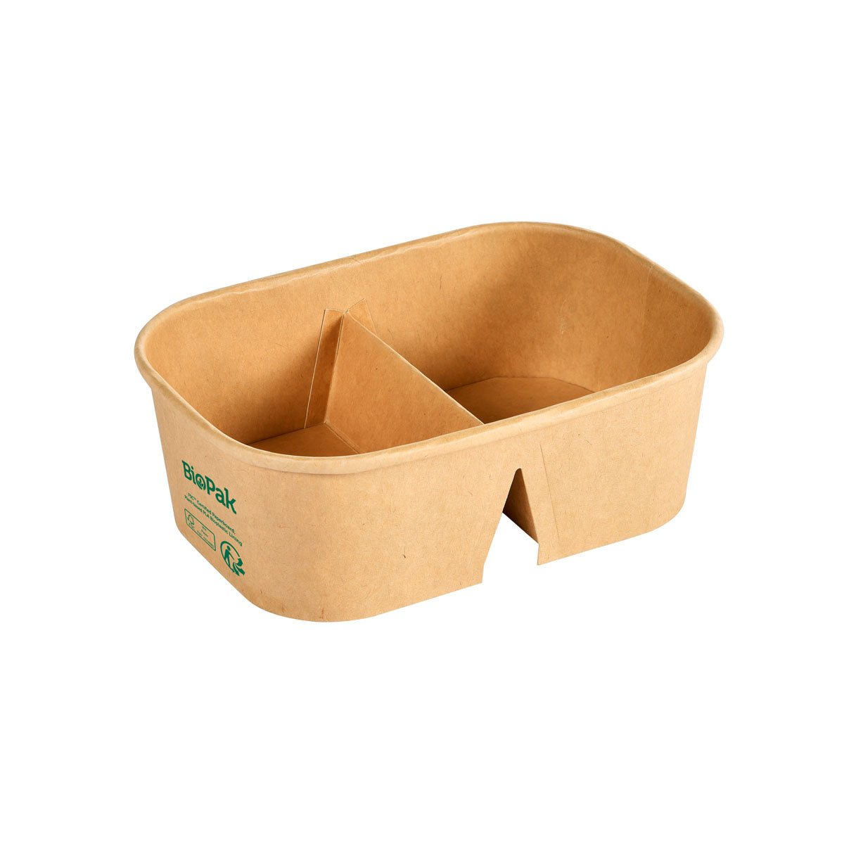 De kartonnen doos BRICK MEDIUM 2-Comp 250/250 ml van Duni GmbH is een bruine, rechthoekige FSC/PLA-papieren container (171x118x57 mm) met twee vakken, afgeronde hoeken, een zijinkeping en groene branding; verpakking met 50 stuks.