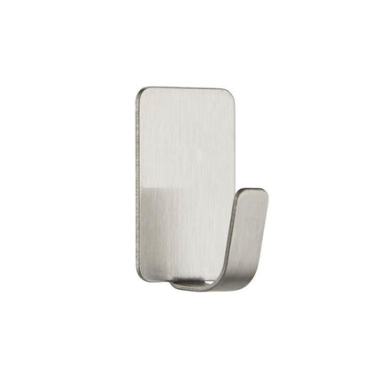 De Command™ roestvrijstalen metalen haak maat S (17031SS-4ES) van 3M Deutschland GmbH is een rechthoekige zilveren zelfklevende wandhaak. De set bevat 4 haken en 5 strips, afgebeeld op een eenvoudige witte achtergrond. Ideaal voor wandorganisatie.