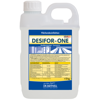 Een 2 kg kunststofcontainer van Dr. Schnell Desifor-One Oppervlaktedesinfectie, beperkt virucide PLUS van DR.SCHNELL GmbH & Co. KGaA, met witte deksel en handgreep. Het etiket aan de voorkant bevat informatie, instructies en doseringsaanwijzingen in het Duits.