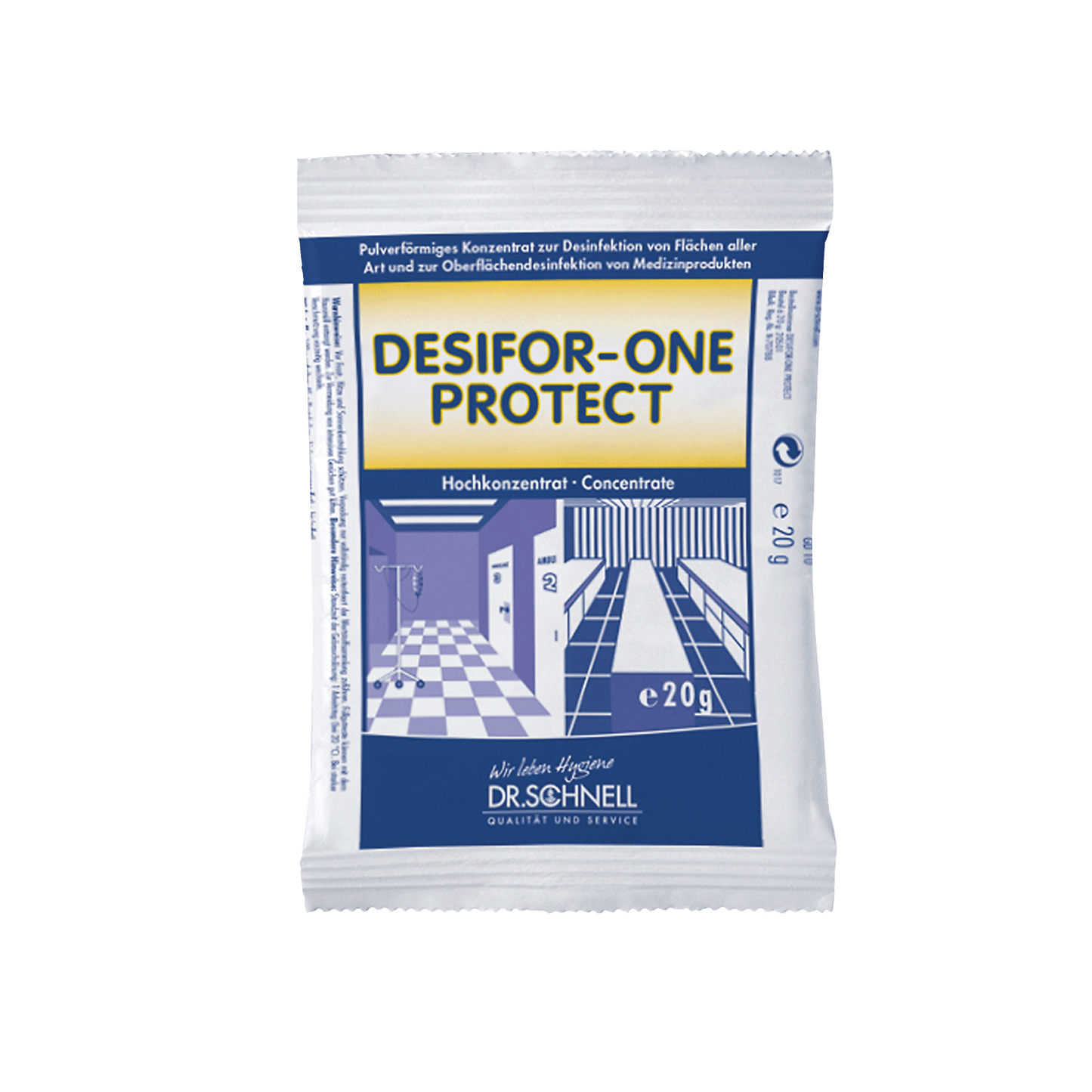 Dr. Schnell DESIFOR-ONE PROTECT Flächendesinfektion (20 g) von DR.SCHNELL GmbH & Co. KGaA bietet viruzide und sporizide Flächendesinfektion in einer blau-weißen Packung, illustriert mit gefliesten Oberflächen.