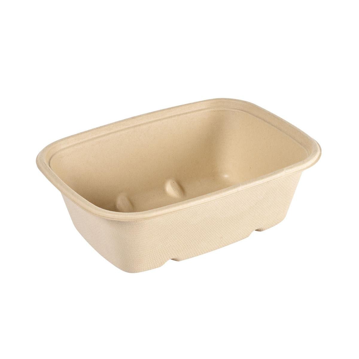 De Cube Bowl 1200 ml - ongecoat Bruin Bagasse 214x159x70 van Duni GmbH is een rechthoekige, bruine, composteerbare voedselcontainer van gevormde vezels (40-pack), die leeg op een witte achtergrond is afgebeeld.