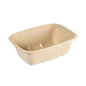 De Cube Bowl 1200 ml - ongecoat Bruin Bagasse 214x159x70 van Duni GmbH is een rechthoekige, bruine, composteerbare voedselcontainer van gevormde vezels (40-pack), die leeg op een witte achtergrond is afgebeeld.