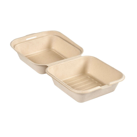De Clamshell 475 ml – ongecoat, bruin, bagasse, 155x155x80 van Duni GmbH (verpakking van 50 stuks) is een biologisch afbreekbare, bruin gekleurde afhaalverpakking van vormvezel – een milieuvriendelijke verpakking voor uw maaltijden.