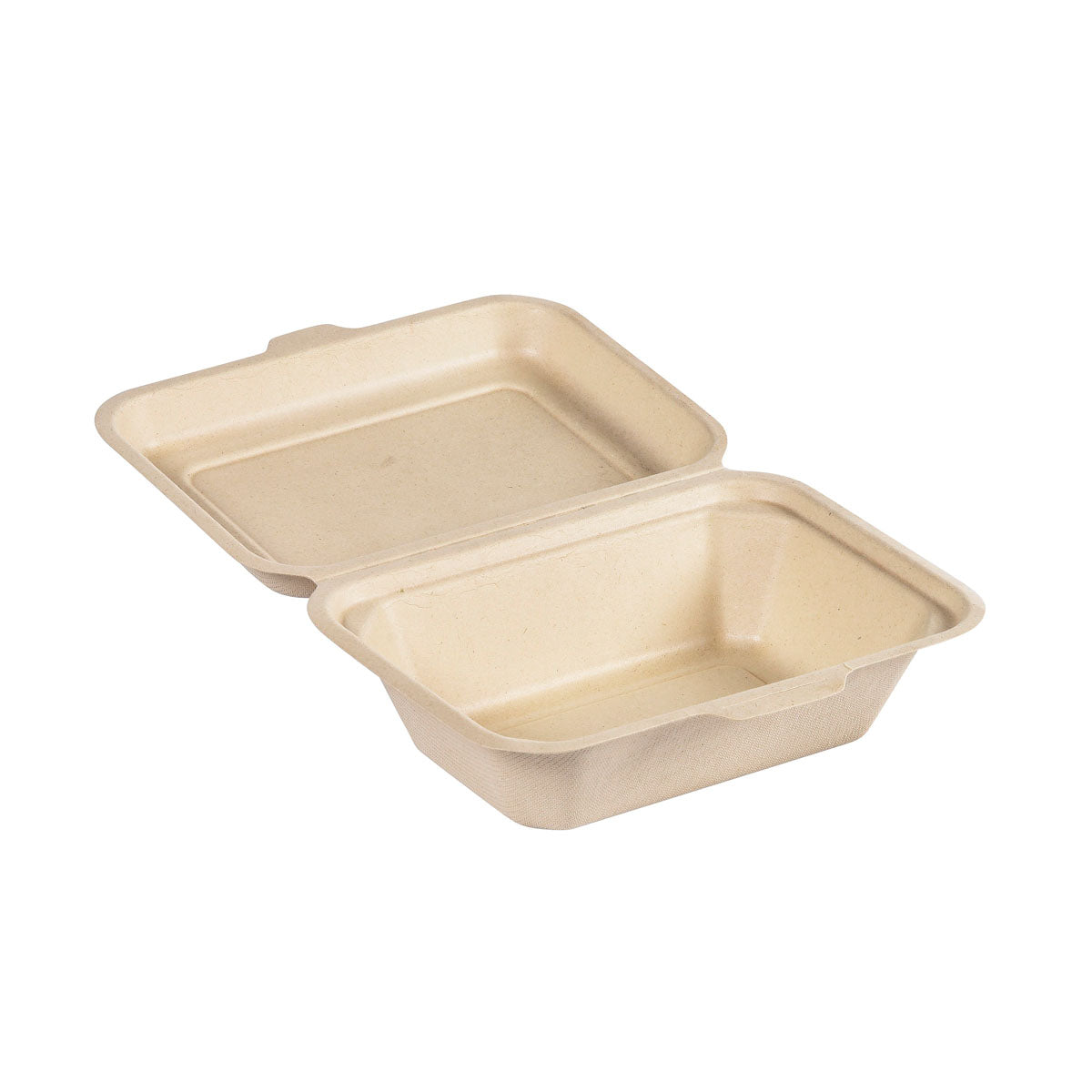 Der Clamshell 530 ml - ungestrichen Braun Bagasse 181x130x62 von Duni GmbH wird offen mit Deckel und leerem Innenraum gezeigt - die nachhaltige Verpackung aus formgepresster Bagasse ist biologisch abbaubar. Die Packung enthält 50 Stück.