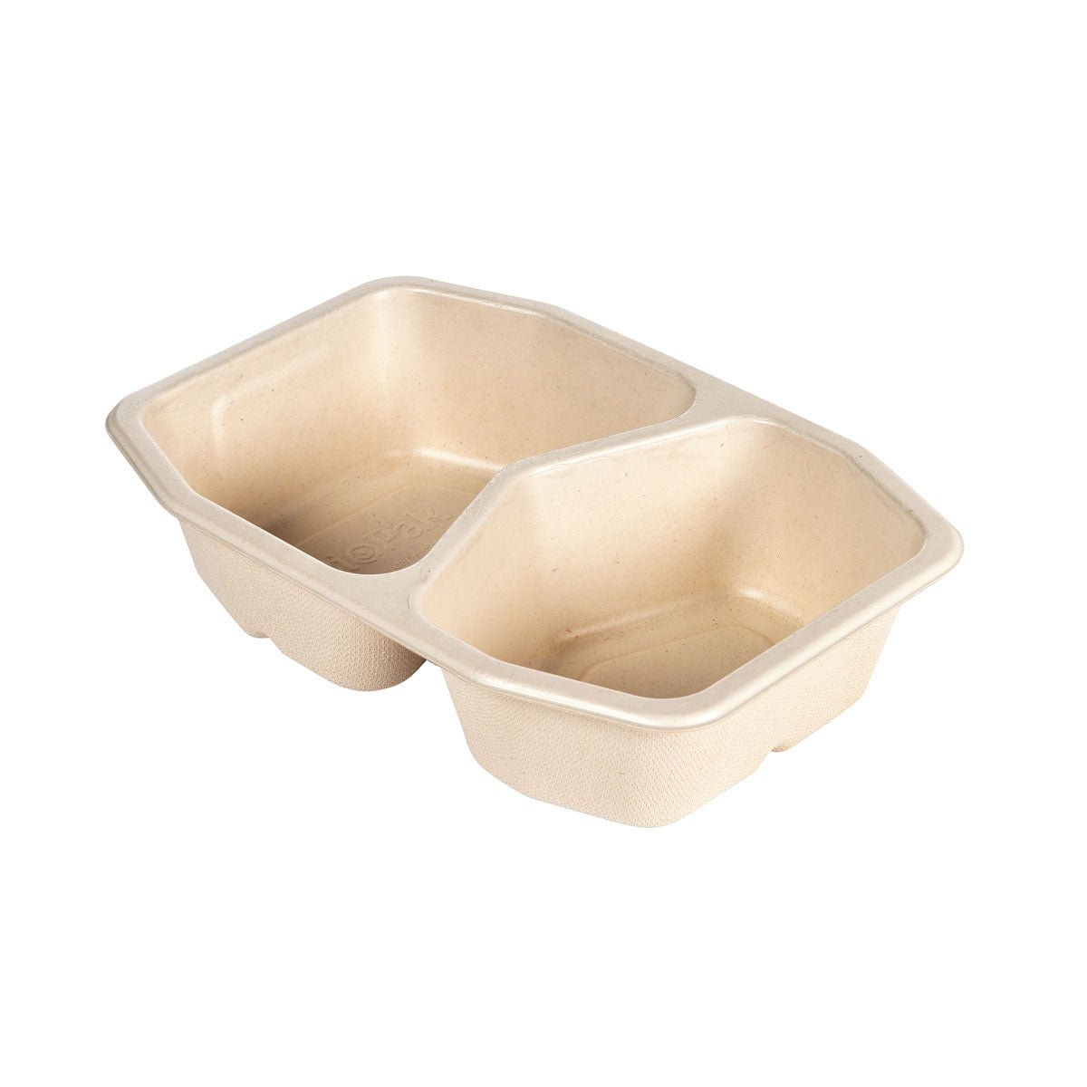 De HMR Fibretray/PE 2-comp van Duni GmbH is een bruine, rechthoekige voedselcontainer (215x148x50 mm) van gecoat bagasse met twee vakken, milieuvriendelijk en verkrijgbaar in een verpakking van 320 stuks.