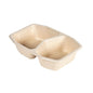 De HMR Fibretray/PE 2-comp van Duni GmbH is een bruine, rechthoekige voedselcontainer (215x148x50 mm) van gecoat bagasse met twee vakken, milieuvriendelijk en verkrijgbaar in een verpakking van 320 stuks.