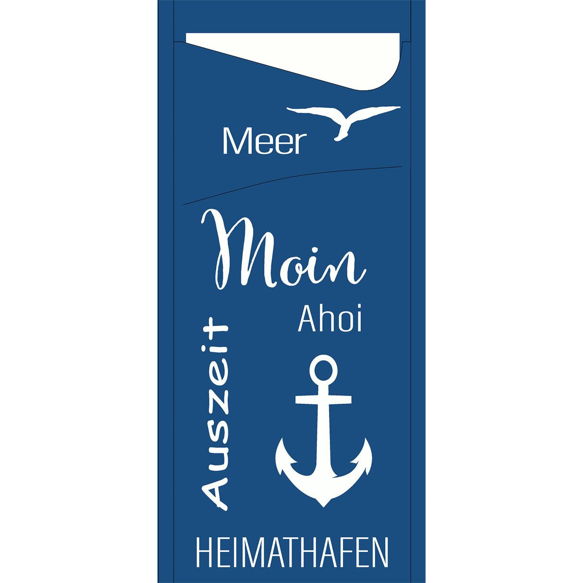 Een blauw, rechthoekig bord met witte tekst zoals "Zee", "Hoi" en "Pauze", plus een meeuw en een anker - perfect voor strandvakantie-sfeer. Past uitstekend bij SACCHETTO 190x85 mm - Meer Plezier van Duni GmbH, ook verkrijgbaar als verpakking (100 stuks).